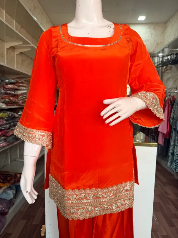 Orange_Elegant_Design_Farsi_Salwar_Short_Kurti_Dupatta_3_Pcs_Set_For_Women