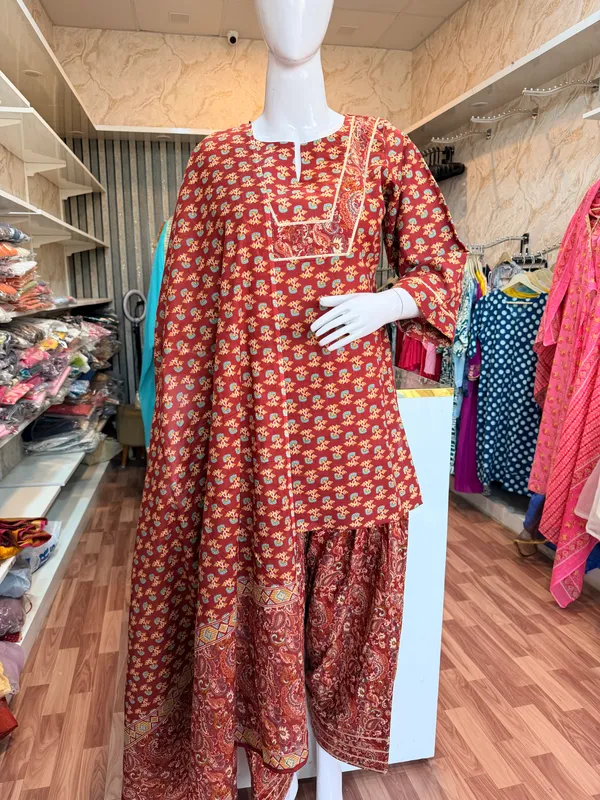 Coffee_Brown_Elegant_Design_Farsi_Salwar_Short_Kurti_Dupatta_3_Pcs_Set_For_Women