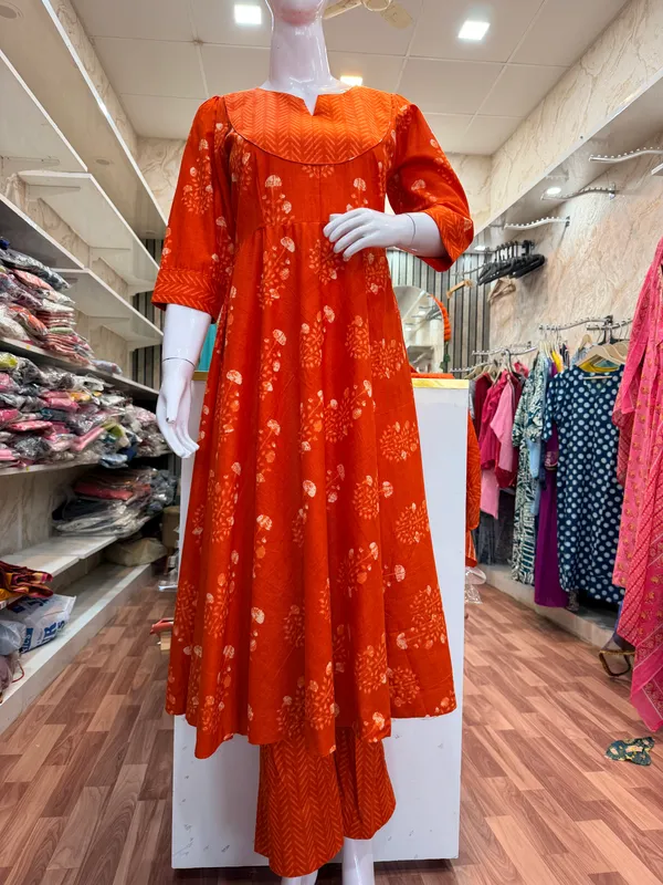 Orange_Elegant_Design_Anarkali_Pant_Kurti_3_Pcs_Set_For_Women
