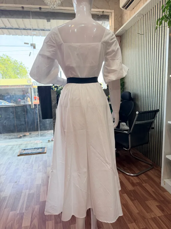 White_And_Black_Elegant_Design_Long_Sleeve_Belted_Midi_Dress_For_Women_For_Women