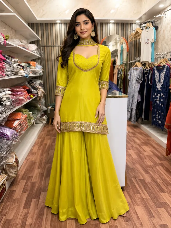Yellow_Elegant_Design_Sharara_Set_4_Pcs_For_Women
