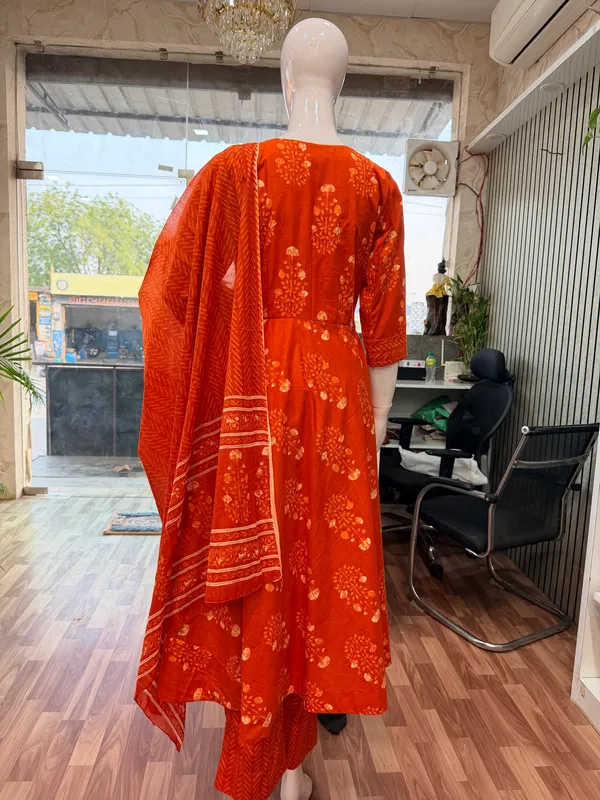 Orange_Elegant_Design_Anarkali_Pant_Kurti_3_Pcs_Set_For_Women