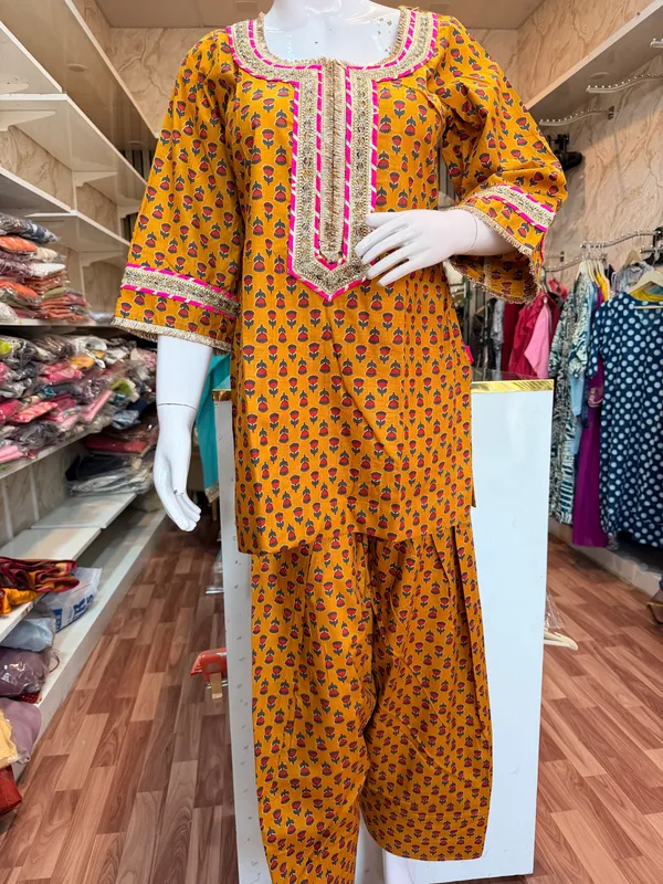 Mustard_Elegant_Design_Farsi_Salwar_Short_Kurti_With_Dupatta_3_Pcs_Set_For_Women
