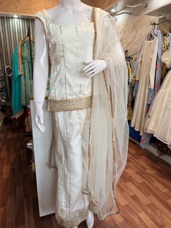 Cream_Elegant_Design_3_Pcs_Set_Sharara_Short_Kurti_For_Women