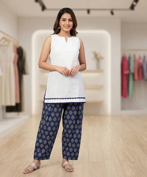 White_And_Navy_Blue_Elegant_Design_Farsi_Salwar_Short_Kurti_2_Piece_For_Women