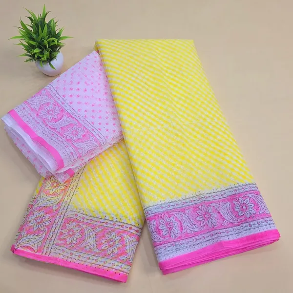 Lemon_Yellow_Kota_Cotton_Saree_For_Womens