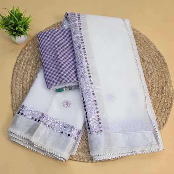 White_And_Purple_Kota_Cotton_Saree_For_Womens