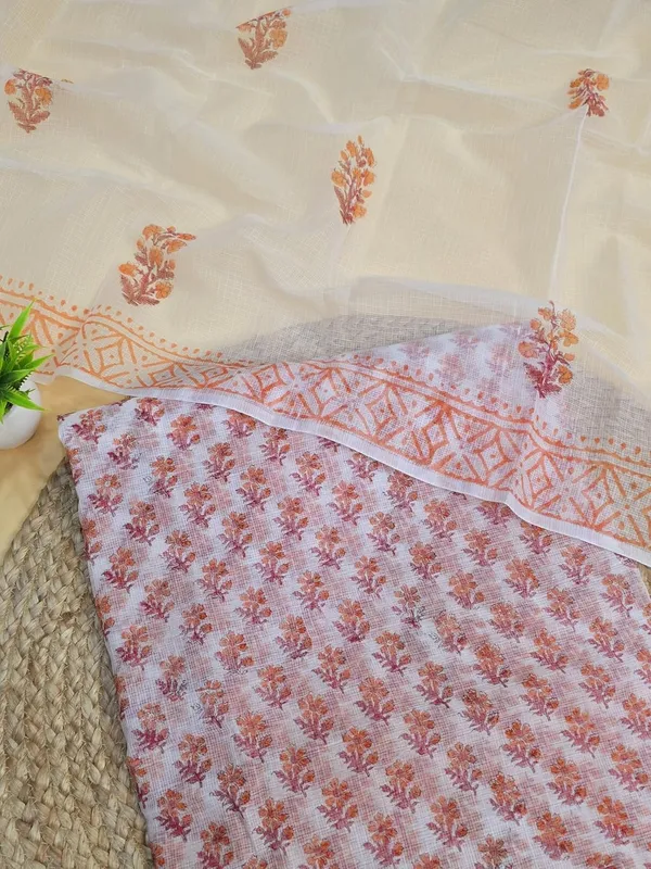 White_And_Orange_Kota_Cotton_Dress_Material_For_Womens