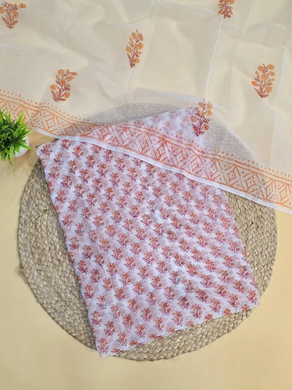 White_And_Orange_Kota_Cotton_Dress_Material_For_Womens