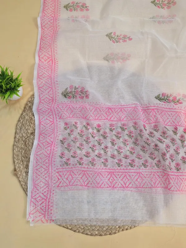 White_With_Pink_Kota_Cotton_Suit_Unstiched_Dress_Material_For_Womens