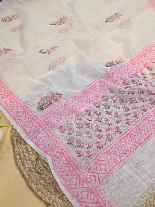 White_With_Pink_Kota_Cotton_Suit_Unstiched_Dress_Material_For_Womens