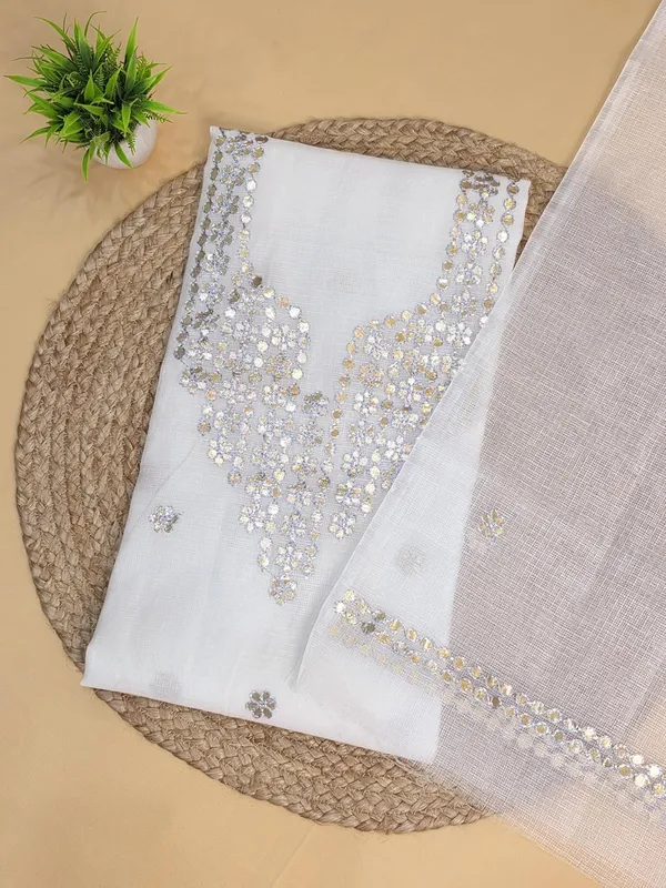 White_With_Grey_Kota_Cotton_Gota_Patti_Dress_Material_For_Womens