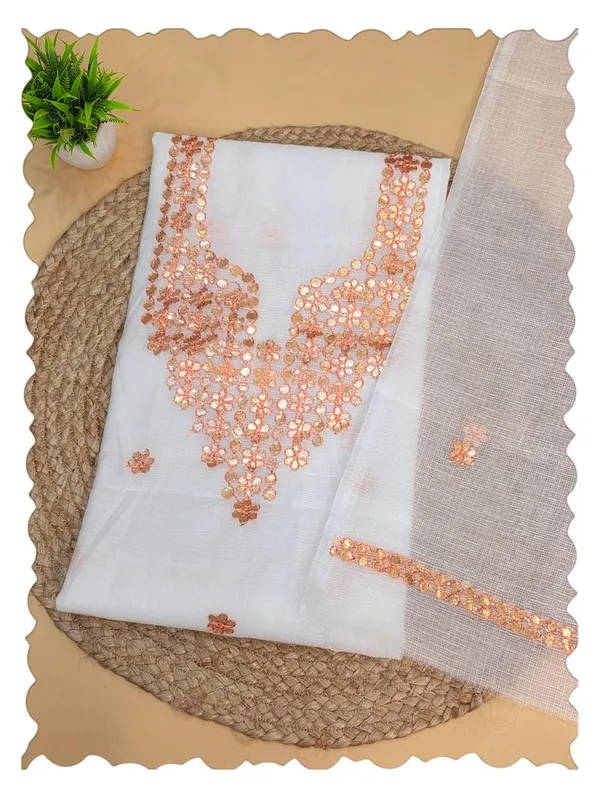 White_And_Peach_Kota_Cotton_Dress_Material_For_Womens