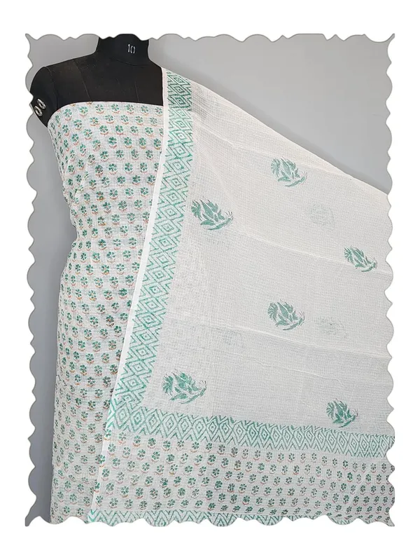 White_With_Seagreen_Kota_Cotton_Suit_Unstiched_Dress_Material_For_Womens