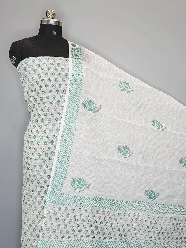 White_With_Seagreen_Kota_Cotton_Suit_Unstiched_Dress_Material_For_Womens