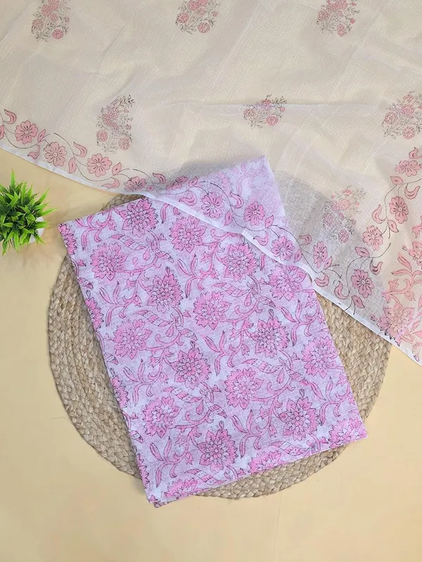 White_With_Pink_Kota_Cotton_Suit_Unstiched_Dress_Material_For_Womens