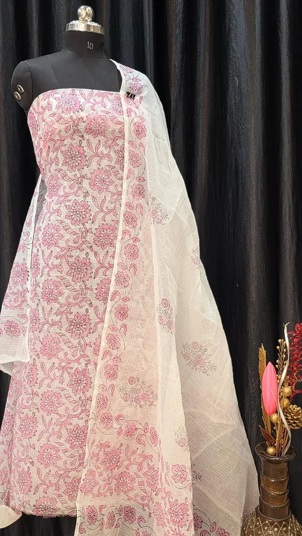 White_With_Pink_Kota_Cotton_Suit_Unstiched_Dress_Material_For_Womens