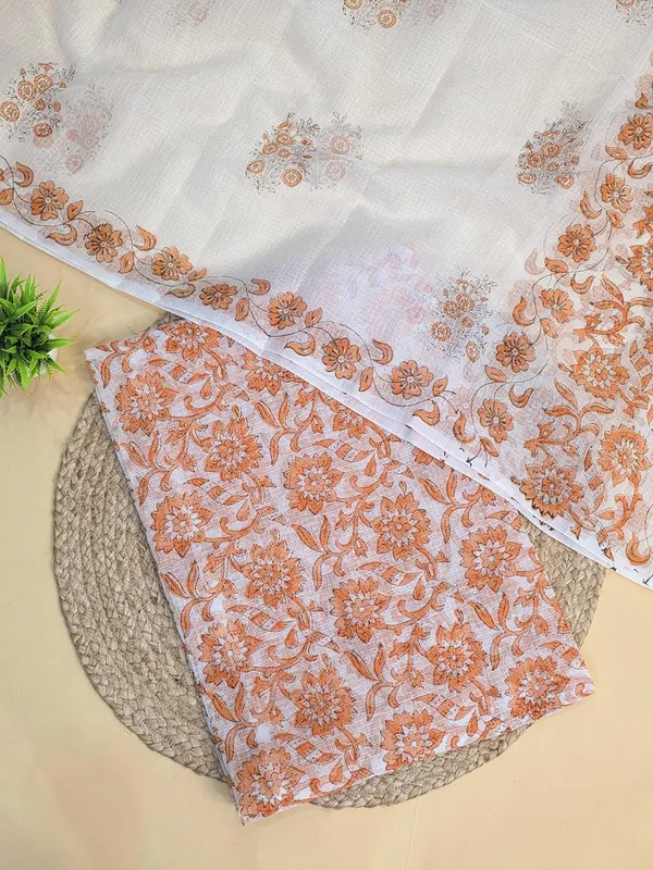 White_With_Orange_Kota_Cotton_Suit_Unstiched_Dress_Material_For_Womens