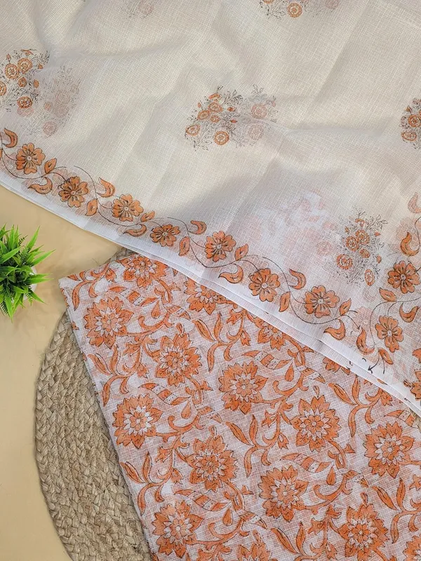 White_With_Orange_Kota_Cotton_Suit_Unstiched_Dress_Material_For_Womens