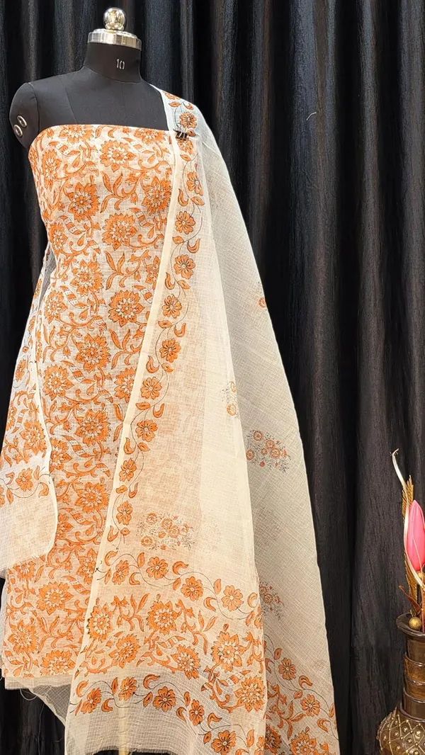White_With_Orange_Kota_Cotton_Suit_Unstiched_Dress_Material_For_Womens