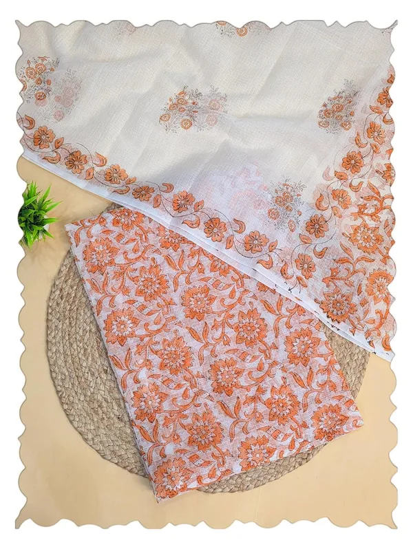 White_With_Orange_Kota_Cotton_Suit_Unstiched_Dress_Material_For_Womens