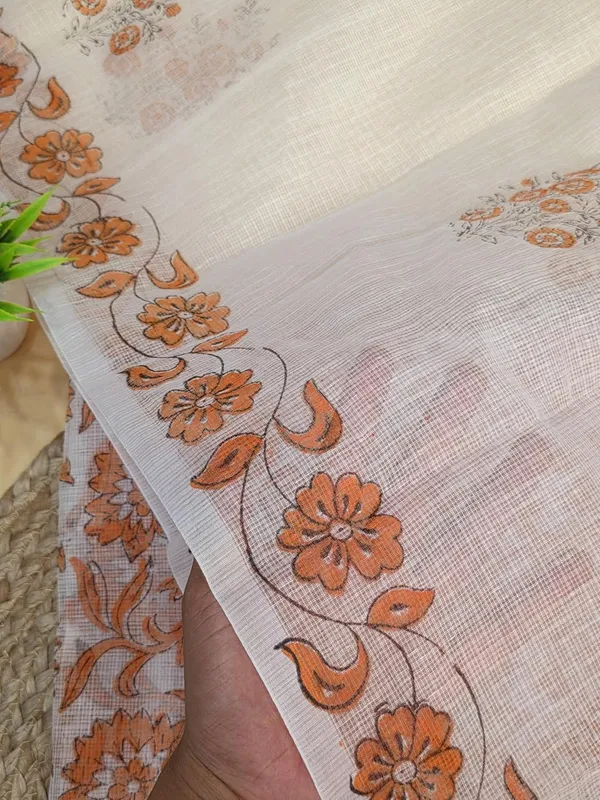 White_With_Orange_Kota_Cotton_Suit_Unstiched_Dress_Material_For_Womens