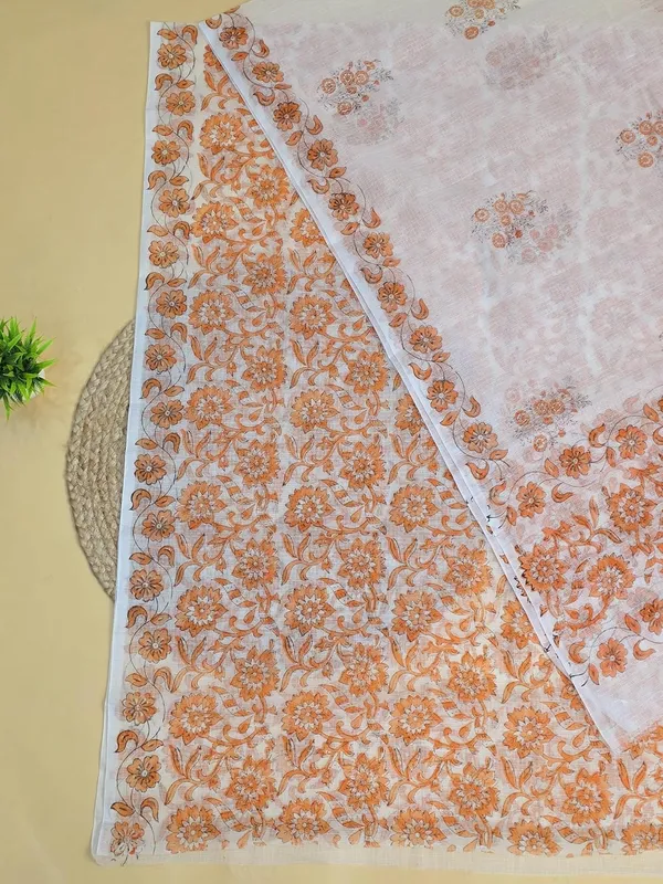 White_With_Orange_Kota_Cotton_Suit_Unstiched_Dress_Material_For_Womens