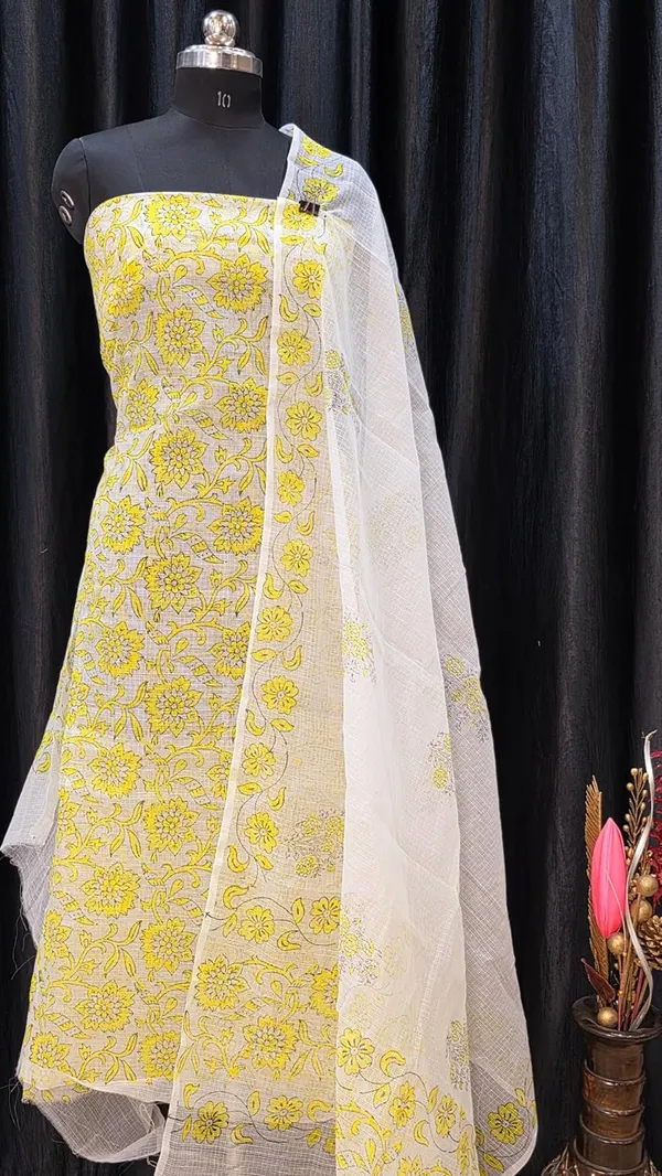 White_With_Lemon_Kota_Cotton_Suit_Unstiched_Dress_Material_For_Womens