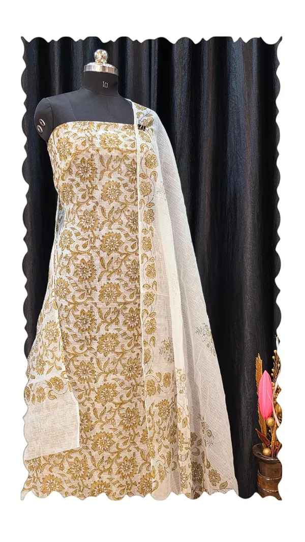 White_With_Brown_Kota_Cotton_Suit_Unstiched_Dress_Material_For_Womens