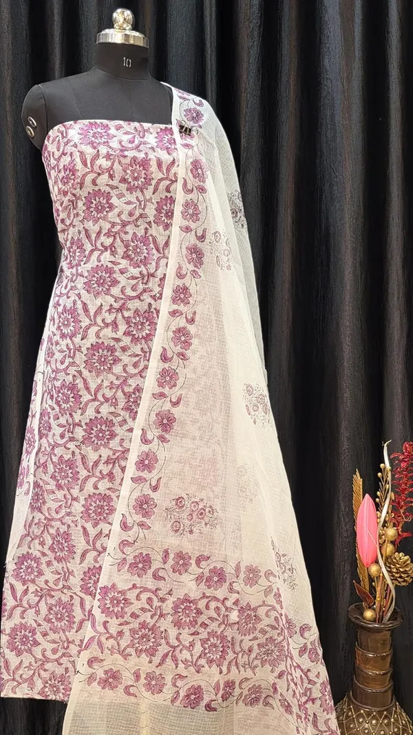 White_With_Darkpink_Kota_Cotton_Suit_Unstiched_Dress_Material_For_Womens