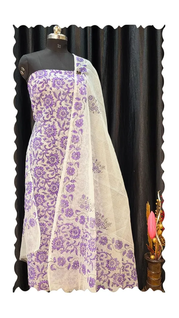 White_With_Purple_Kota_Cotton_Suit_Unstiched_Dress_Material_For_Womens