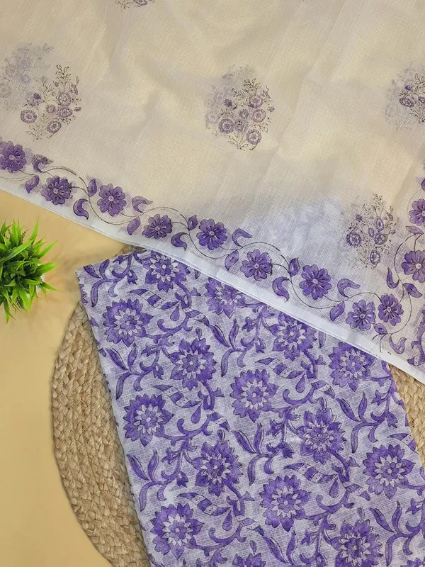 White_With_Purple_Kota_Cotton_Suit_Unstiched_Dress_Material_For_Womens