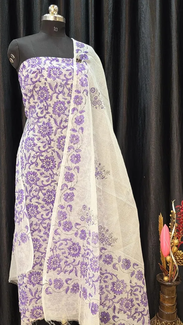 White_With_Purple_Kota_Cotton_Suit_Unstiched_Dress_Material_For_Womens