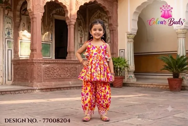 Multicolor_Cotton_Blend_Premium_Cold-Shoulder_Tiered_Top_with_Dhoti_pant_For_Girls