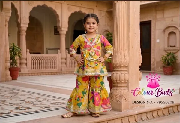 Yellow_Cotton_Blend_Premium_Peplum_Top_with_Sharara_For_Girls