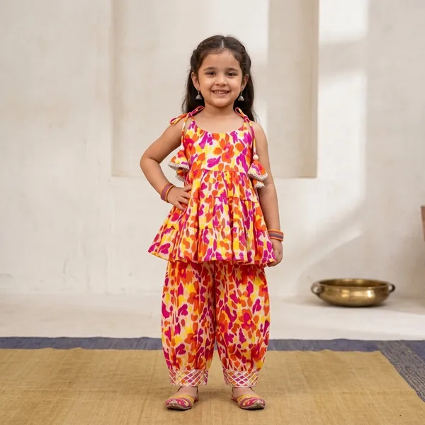 Multicolor_Cotton_Blend_Premium_Cold-Shoulder_Tiered_Top_with_Dhoti_pant_For_Girls