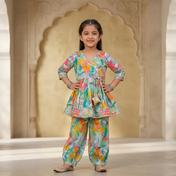 Multicolor_Cotton_Blend_Premium_Peplum_top_with_dhoti_style_pant_For_Girls