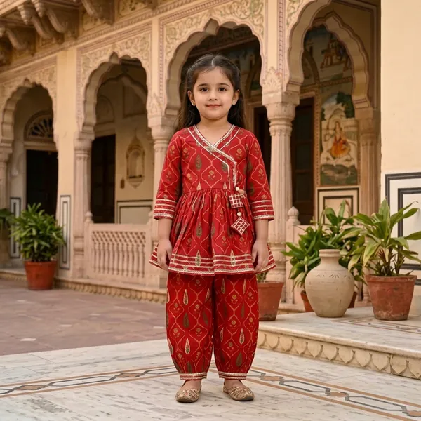 Maroon_And_Red_Cotton_Blend_Premium_Wrap_up_style_Peplum_Top_with_Dhoti_Style_Pant_For_Girls