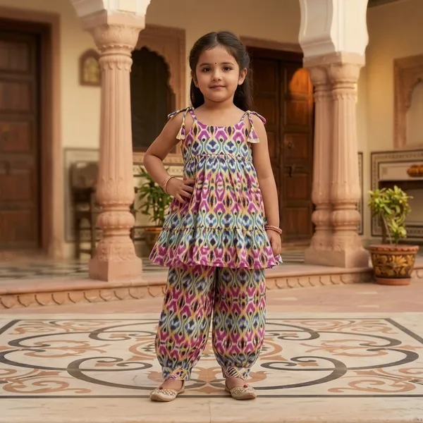 Multicolor_Cotton_Blend_Premium_Cold-Shoulder_Tiered_Top_with_Dhoti_Pant_For_Girls