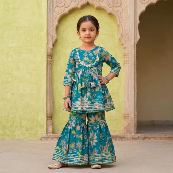Teal_Blue_Cotton_Blend_Premium_Sharara_Set_For_Girls