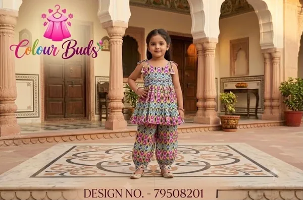 Multicolor_Cotton_Blend_Premium_Cold-Shoulder_Tiered_Top_with_Dhoti_Pant_For_Girls