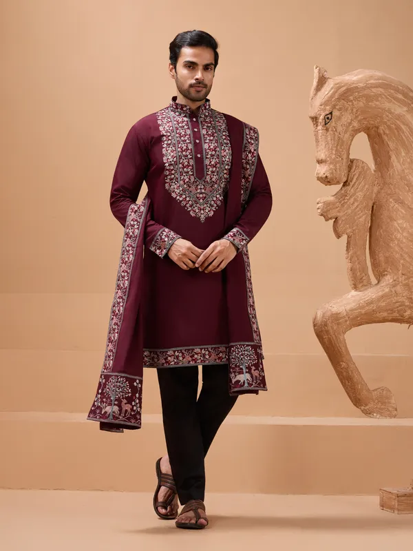 Maroon_Art_Silk_Embroidered_Kurta_Set_With_Stole_For_Men
