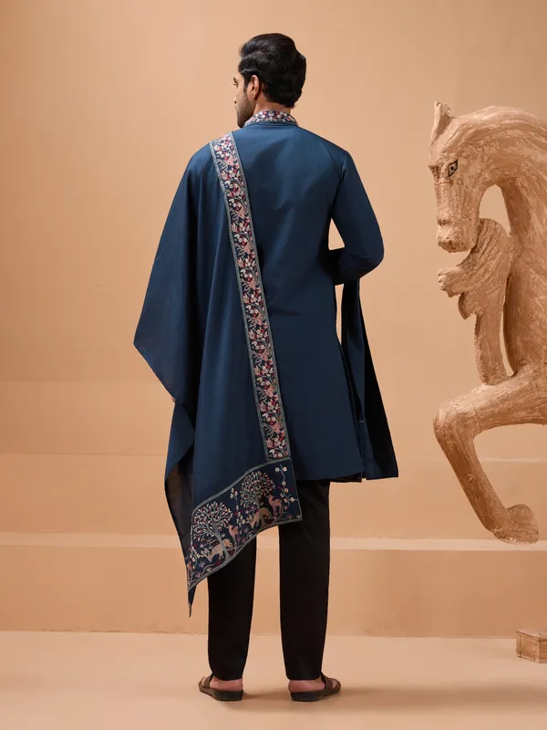 Teel_Blue_Silk_Blend_Floral_Embroidered_Sherwani_Set_For_Men