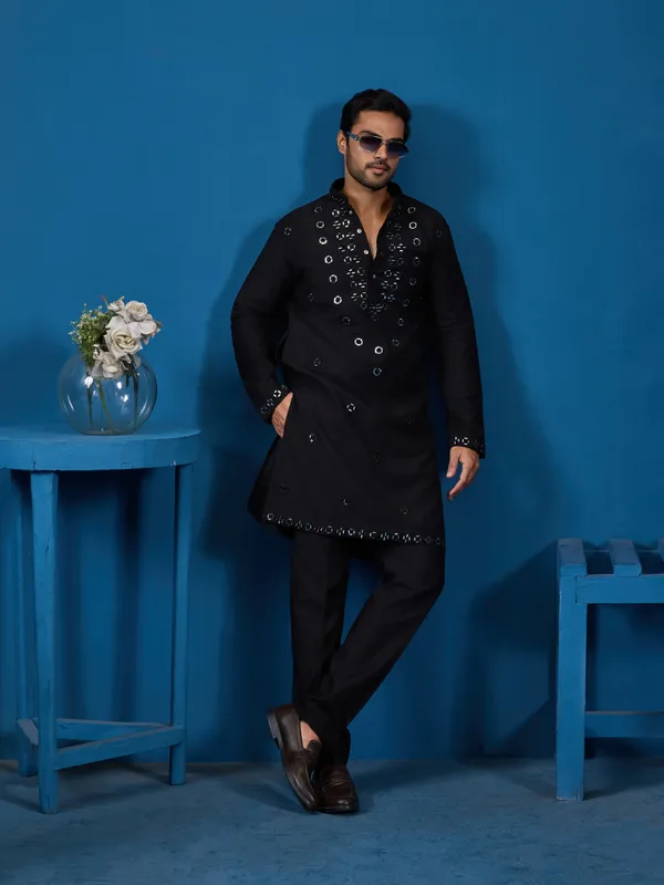 Black_Georgette_Silk_Mirror_Work_Embellished_Kurta_Set_For_Men