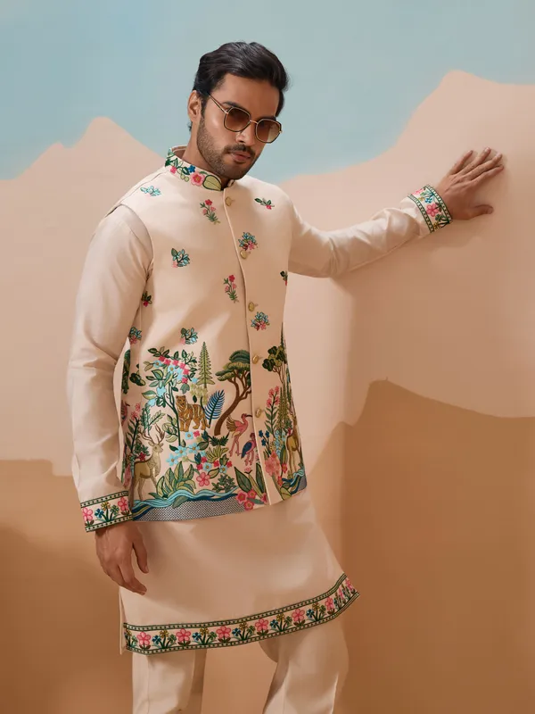 Peach_Cotton_Silk_Embroidered_Kurta_Nehru_Jacket_Set_For_Men