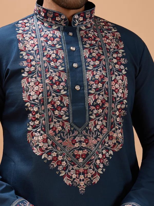 Teel_Blue_Silk_Blend_Floral_Embroidered_Sherwani_Set_For_Men