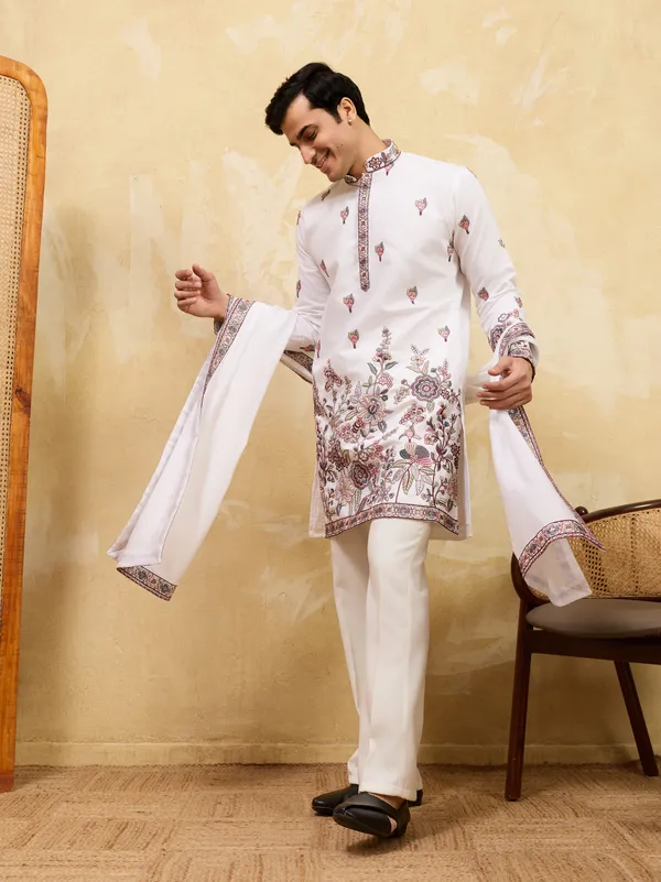 White_Jain_Cotton_Silk_Floral_Embroidered_Kurta_Set_For_Men