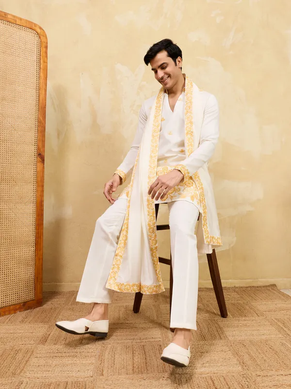 Ivory_Art_Silk_Golden_Floral_Embroidered_Kurta_Set_For_Men