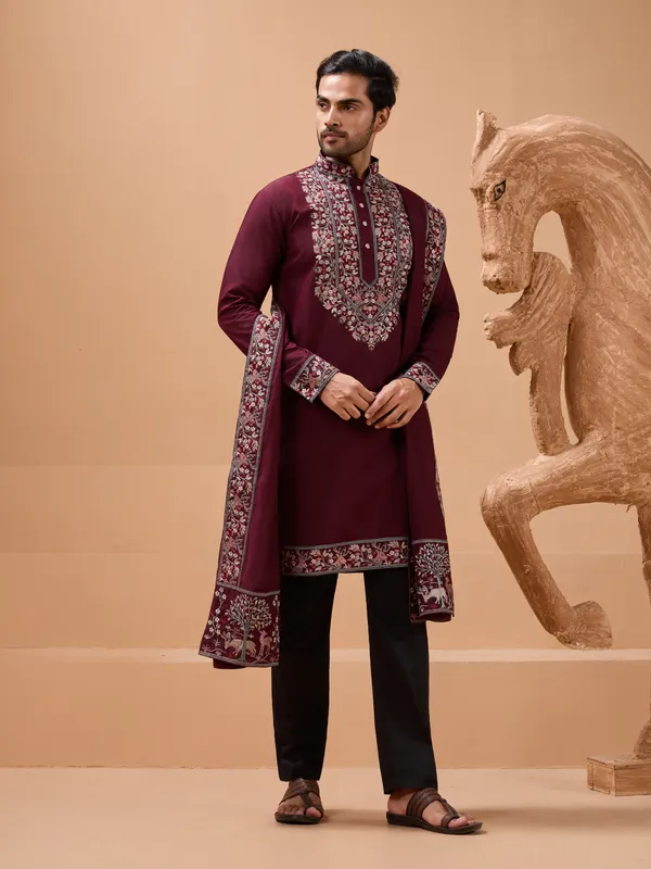 Maroon_Art_Silk_Embroidered_Kurta_Set_With_Stole_For_Men