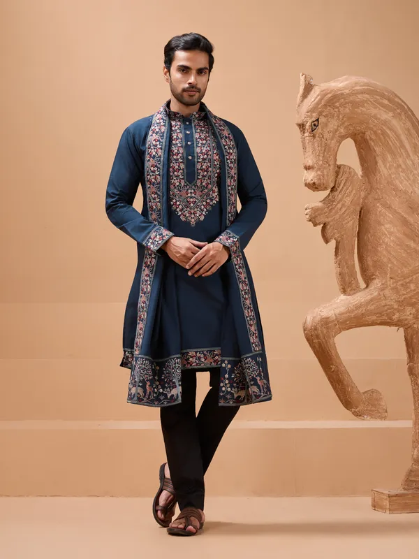 Teel_Blue_Silk_Blend_Floral_Embroidered_Sherwani_Set_For_Men